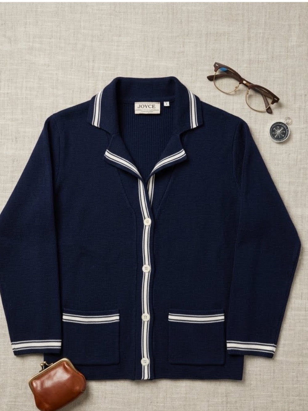 Vintage Joyce Navy Knit Button-Front Cardigan with Contrast Trim